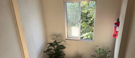 A staircase with metal railings, a window with a view of greenery, and potted plants.