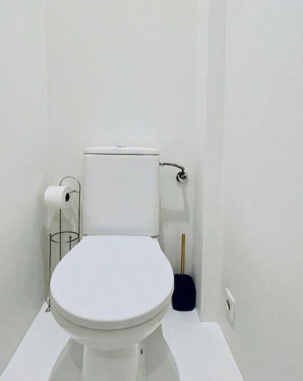 Eine weiße Toilette mit Spülhebel, Toilettenpapierhalter und Reinigungsbürste.