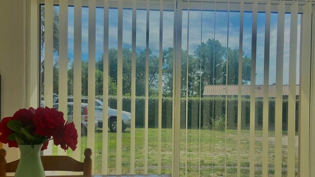 A room with a table, a chair, a vase with flowers, and a view through a window with blinds.