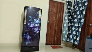 A refrigerator with floral design, a wooden door, and patterned curtains. - Arjun Guest House (Bidhannagar)