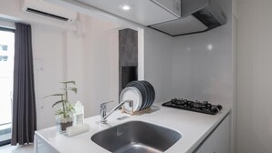 Una cocina moderna con un lavamanos de acero inoxidable, una estufa a gas y una pequeña planta en maceta.