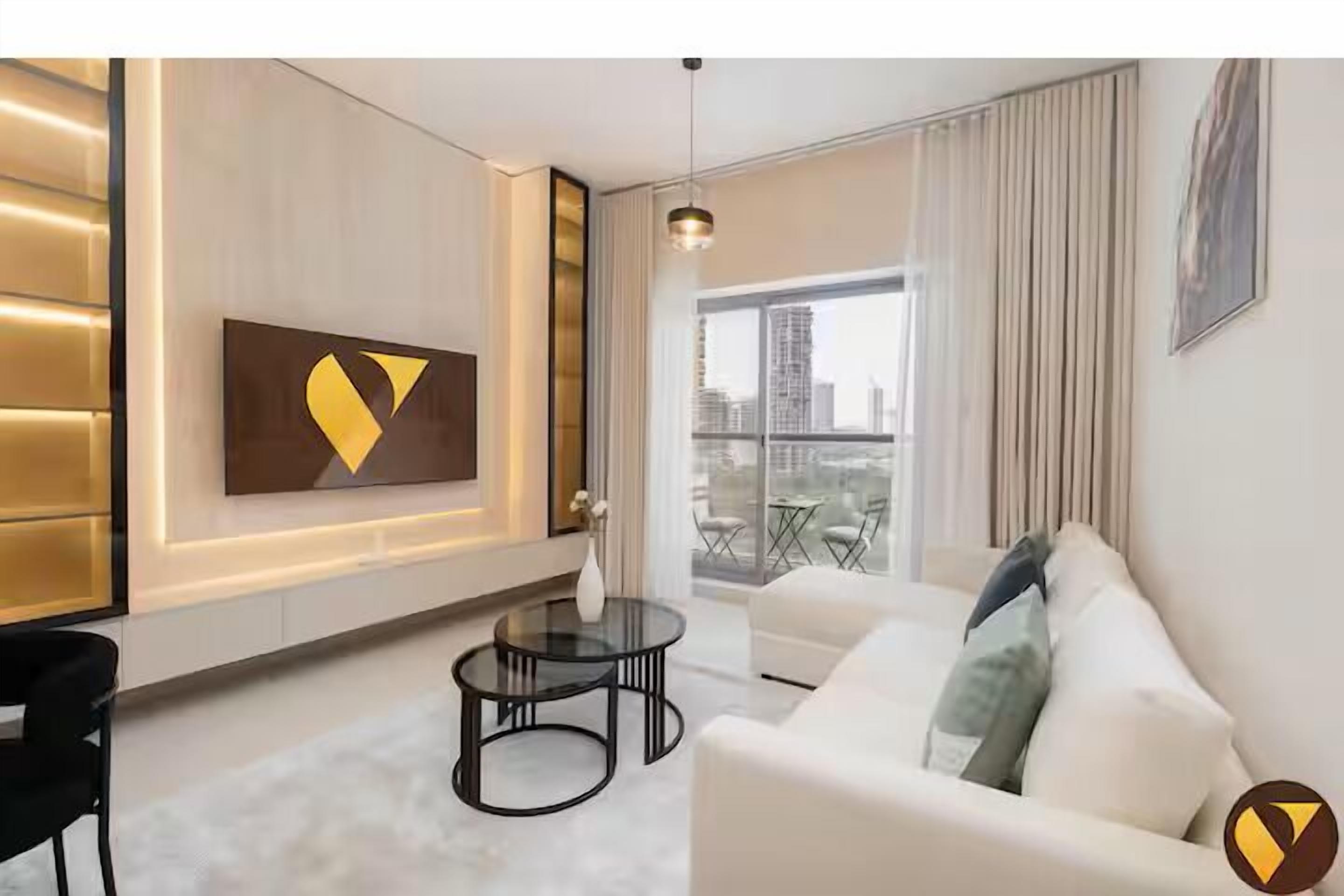 Luxury Apartment, Balcony, City View | Living area | 65-inch Smart TV with cable channels