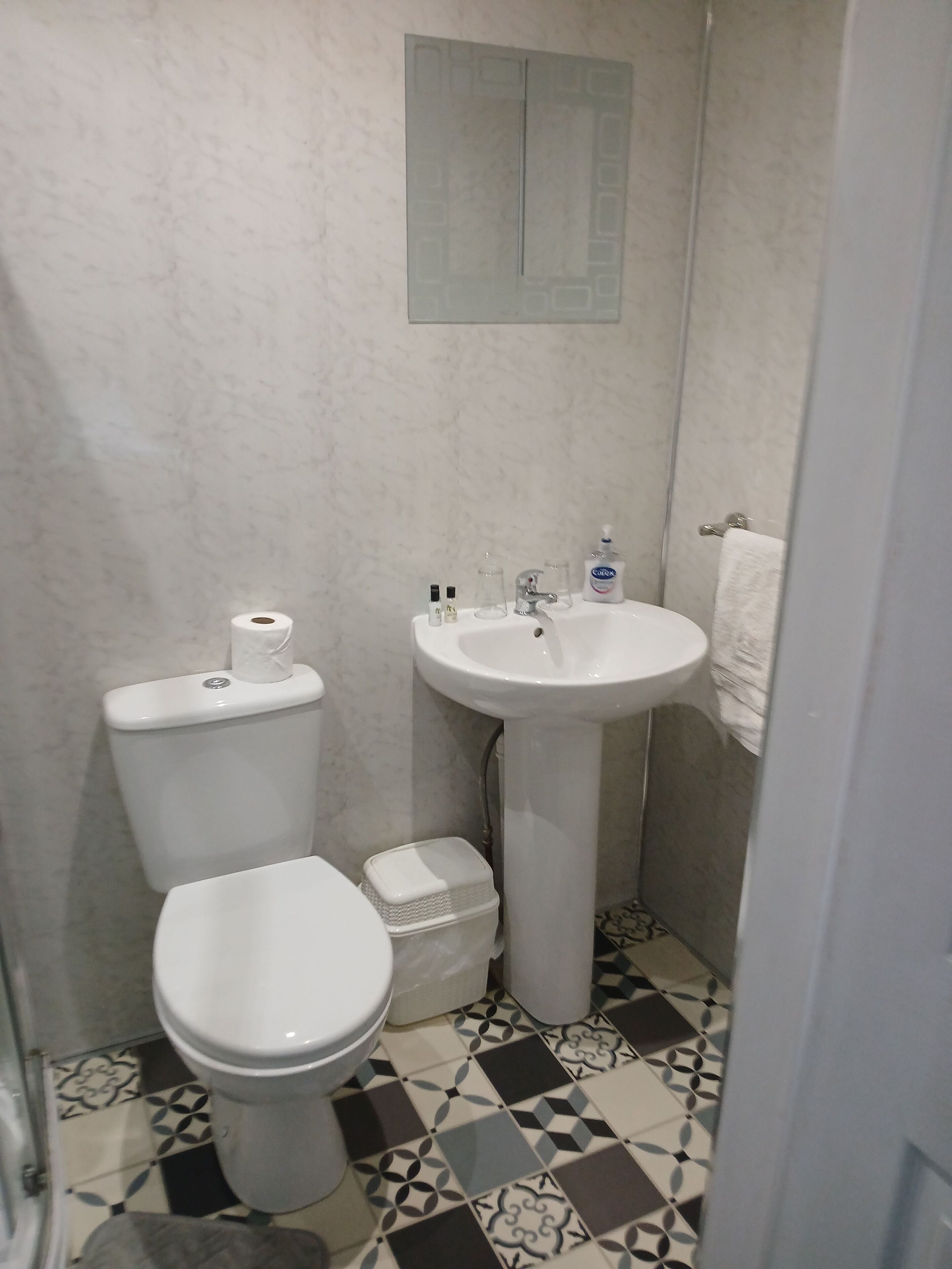 A bathroom with a toilet, sink, and patterned floor tiles.