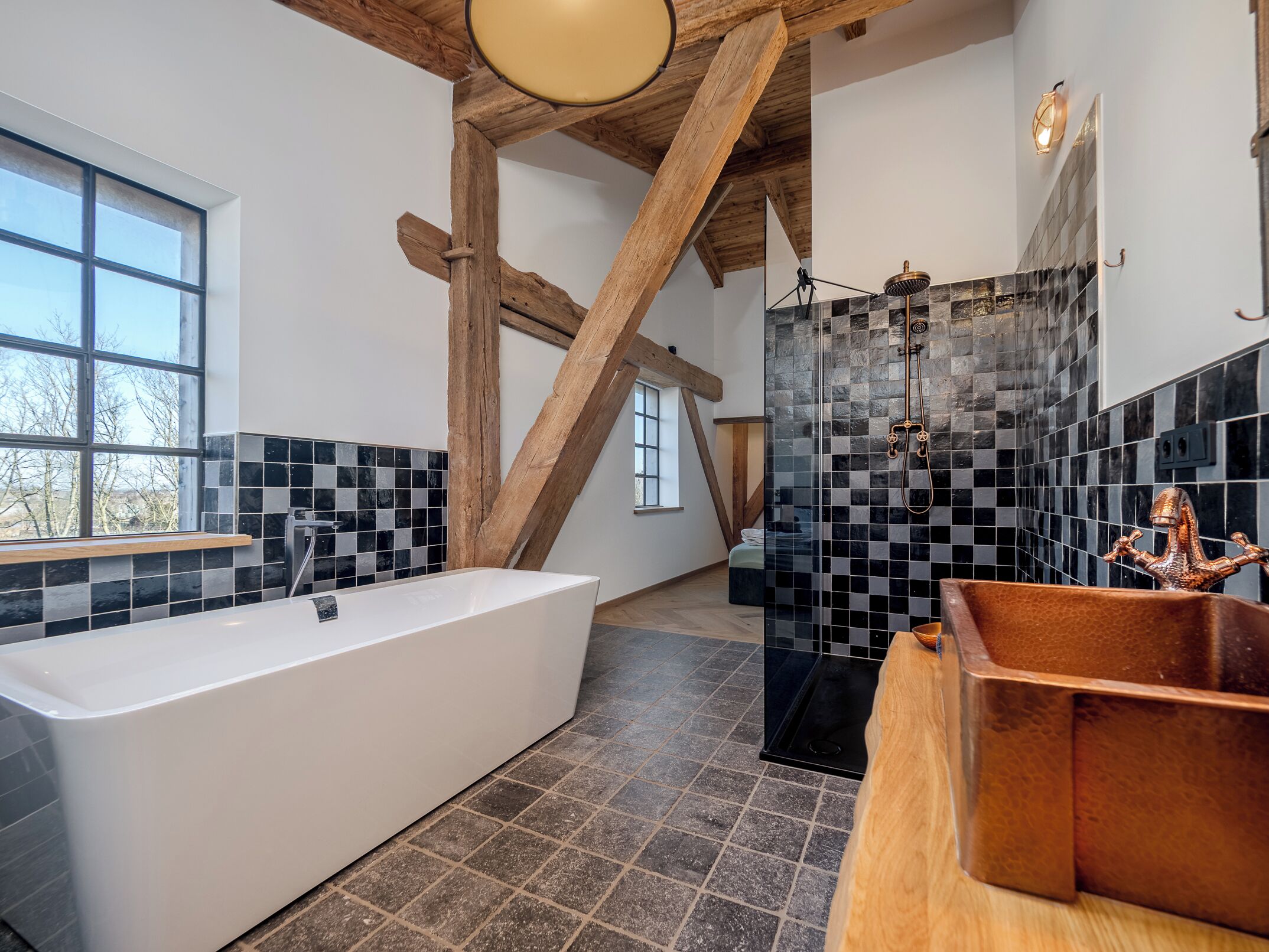 Shower, hair dryer, towels, toilet paper