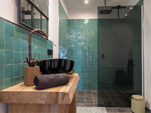 Regadera, secadora de cabello, toallas, papel de baño 
