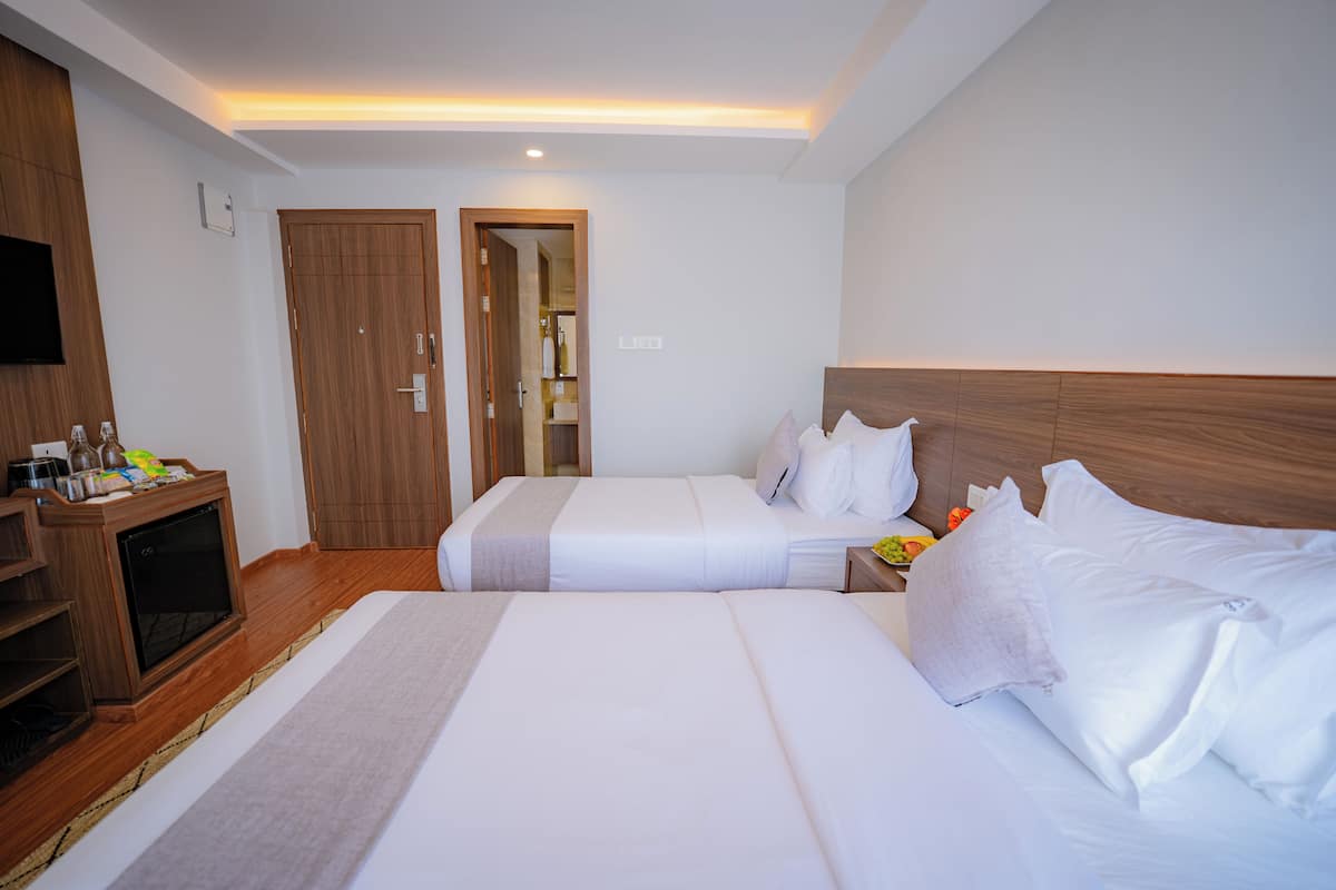 Habitación de hotel con dos camas, televisión, minibar y suelo de madera.