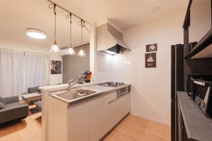 Kühlschrank, Mikrowelle, Herdplatte, Kochgeschirr/Geschirr/Besteck