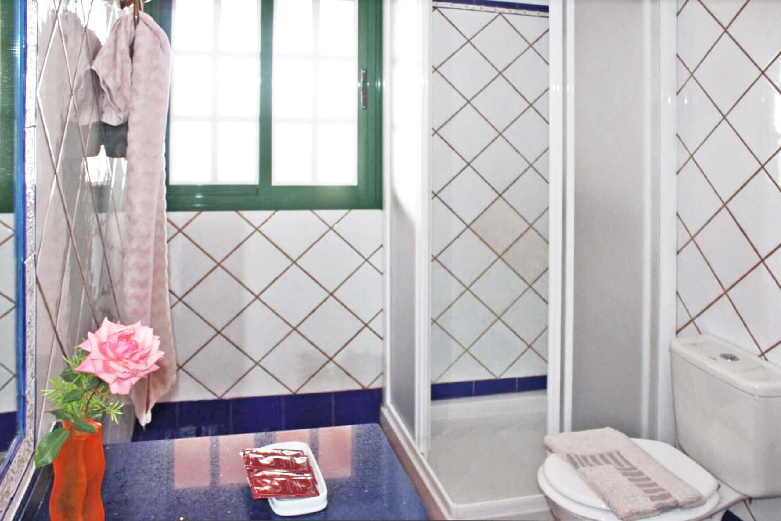 Ein Badezimmer mit Dusche, Toilette und einem Waschbecken mit Blumen in einer Vase.