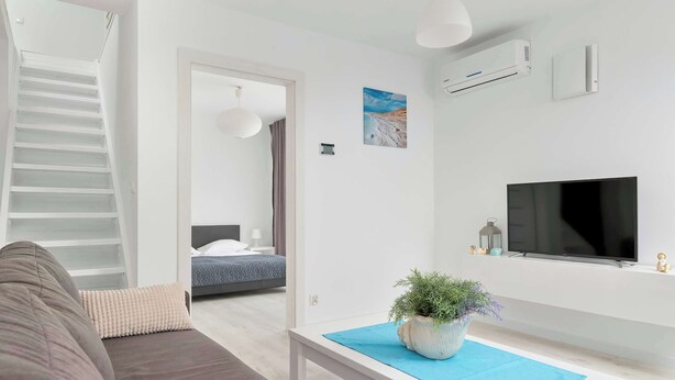 Ein modernes Wohnzimmer mit einer Couch, einem Couchtisch mit Pflanze, einem Fernseher und einer Treppe, die in einen anderen Raum führt.