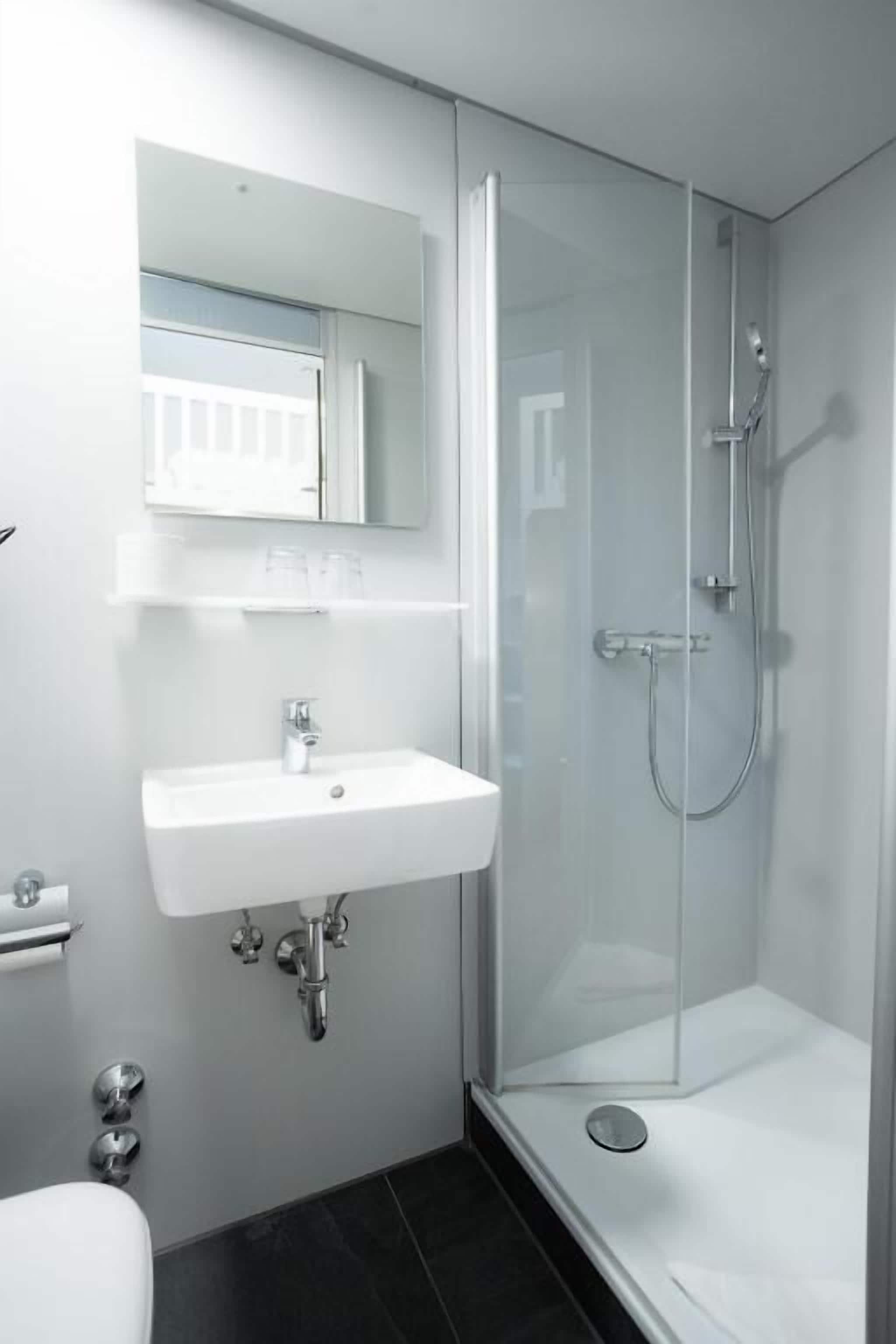 A modern bathroom with a glass shower enclosure, a white sink, and a mirror above the sink.