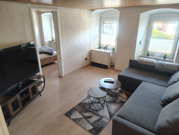 Un salon moderne avec un téléviseur à écran plat, un canapé, une table basse et un petit tapis.