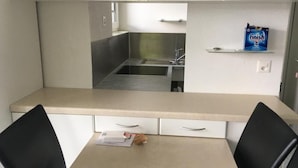 A kitchenette with a stainless steel sink, a countertop, and a shelf with a box of 'Finish' brand dish soap. - Casa Ines - 1 1/2 Zimmer Whg Terrasse mit Seesic by Interhome (Magadino)