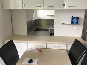 Eine Küchenzeile mit einer Spüle aus Edelstahl, einer Arbeitsplatte und einem Regal mit einer Box 'Finish' Spülmittel.