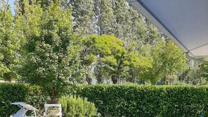 An outdoor patio with a white table, blue chairs, and a potted plant with blue flowers. - Family-friendly villa for eight guests (Bibione)