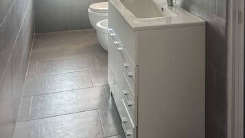 A bathroom with a toilet, sink, and mirror.