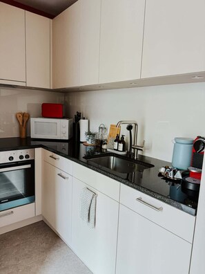 Fridge, microwave, oven, stovetop - Just Sunny – Central Studio near Messe & City (Basel)