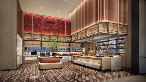 A modern kitchen with a central island, built-in shelves, and a patterned floor. - Hyatt Place Jiaxing Nanhu (Jiaxing)