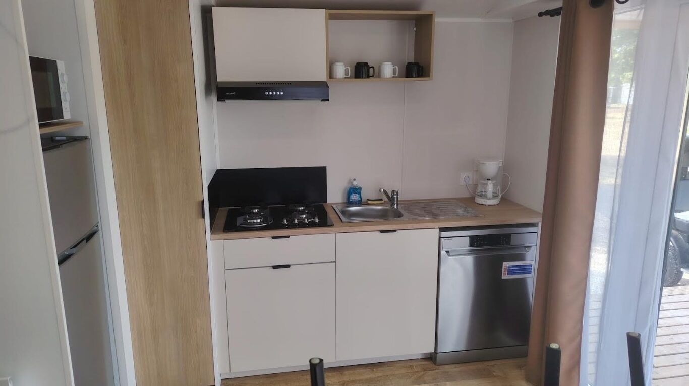 Een compacte keuken met een fornuis, spoelbak en vaatwasser, een magnetron boven het fornuis, en een plank met kopjes en een koffiezetapparaat.