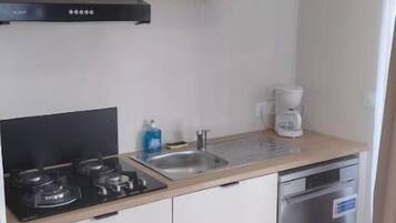 A compact kitchen with a stove, sink, and dishwasher.