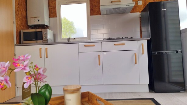 Cocina moderna con armarios blancos, un refrigerador negro, un microondas y una estufa a gas.