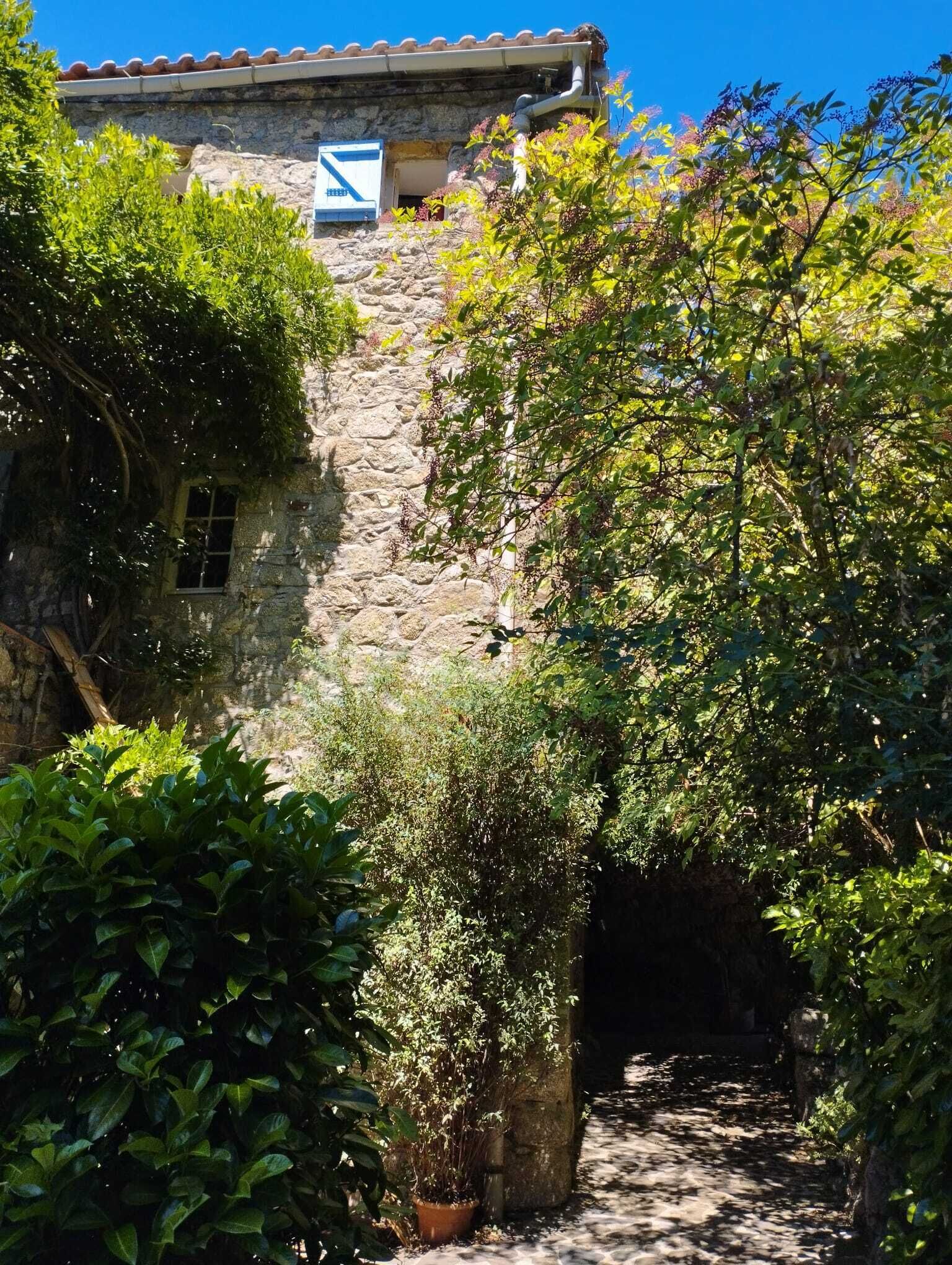 Un edificio de piedra con tejado de baldosas, rodeado de abundante vegetación y un camino de adoquinado.