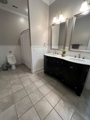 Shower, jetted tub, hair dryer, towels