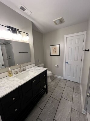 Shower, jetted tub, hair dryer, towels