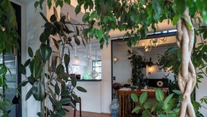 Een modern interieur met een houten vloer, grote potplanten en een eethoek met een tafel en stoelen.