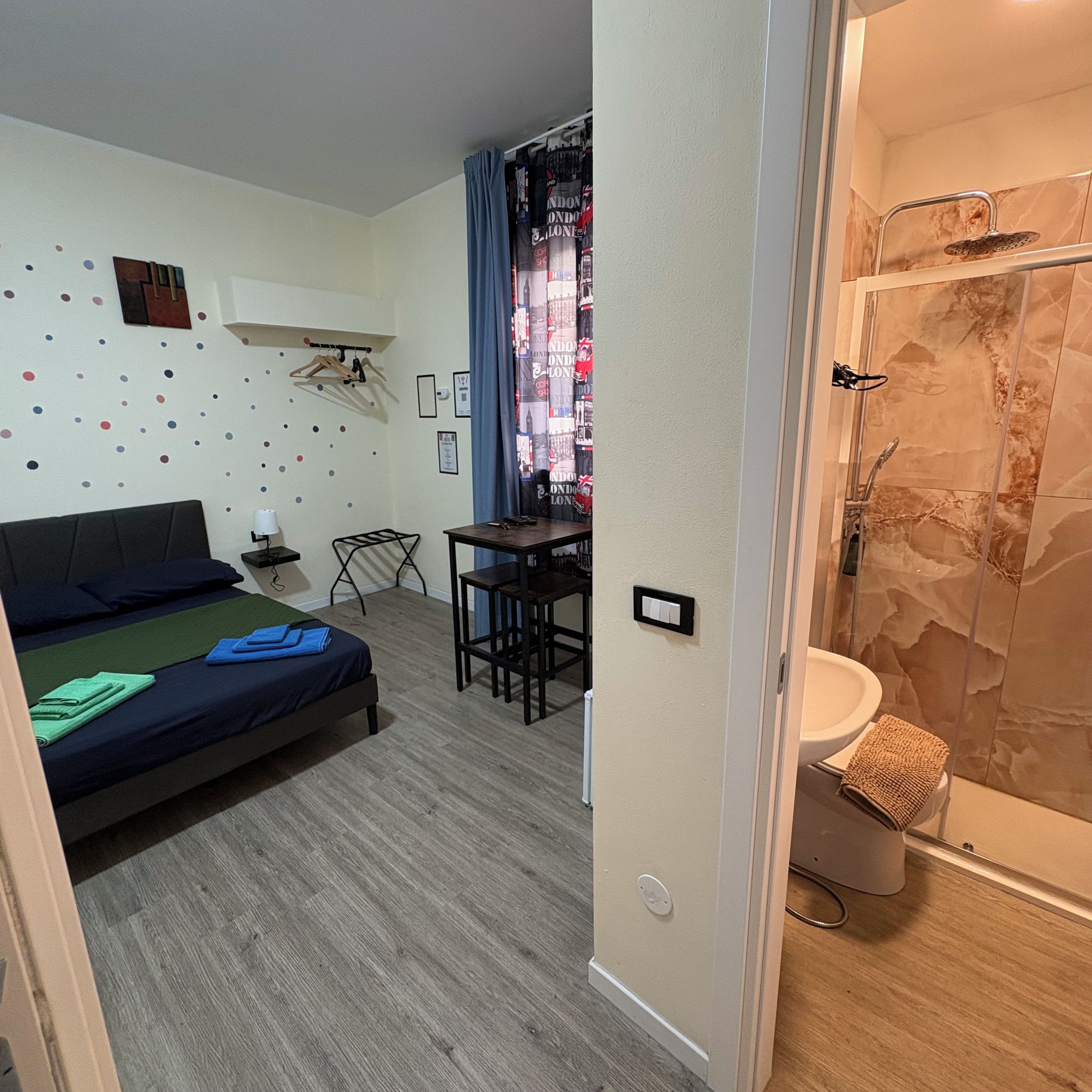 Una habitación con cama, escritorio y zona de ducha.