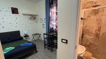 Una habitación con cama, escritorio y zona de ducha.