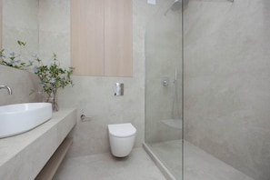 Dusche, Haartrockner, Handtücher, Shampoo