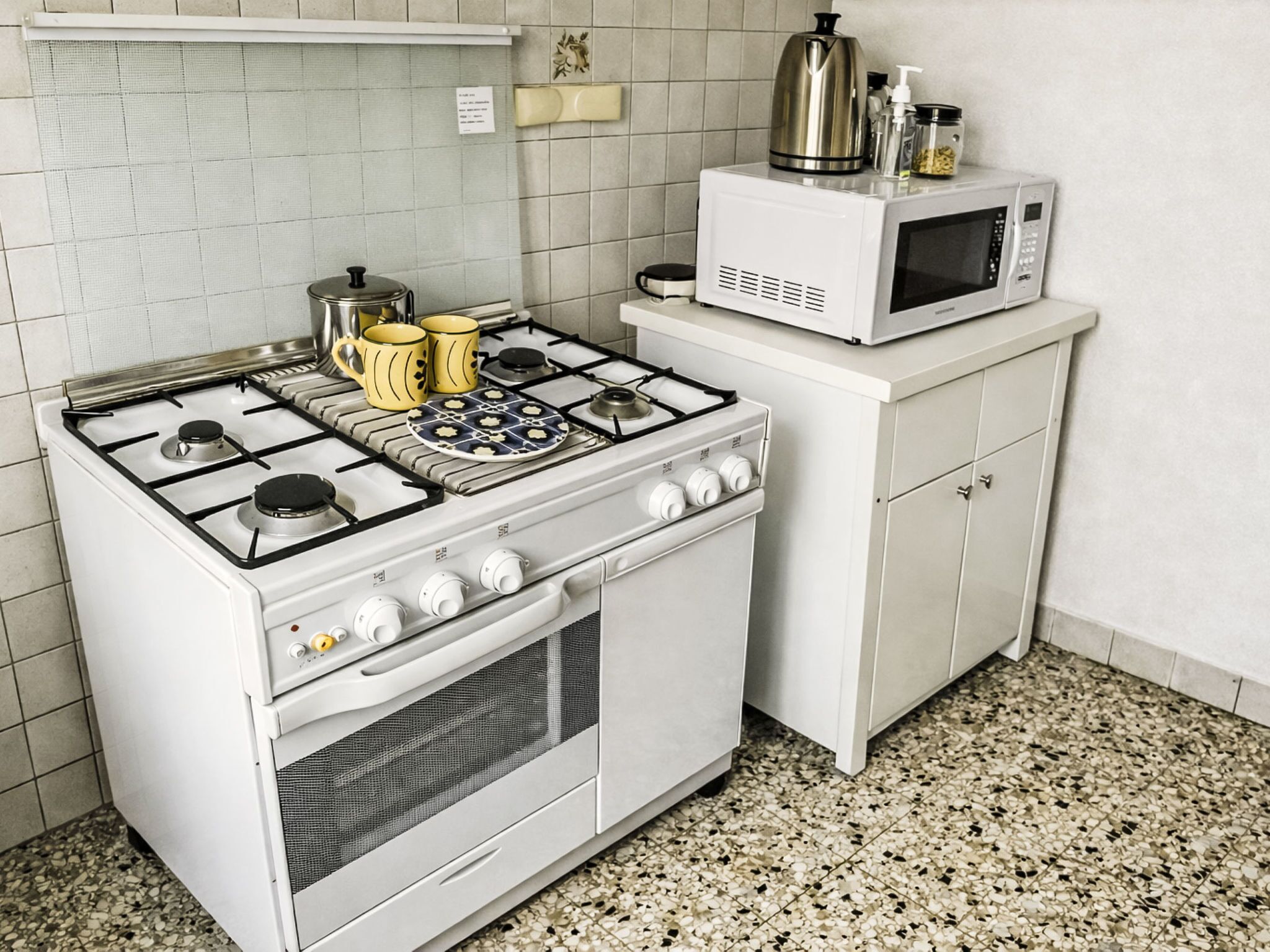 Fridge, microwave, oven, cookware/dishes/utensils