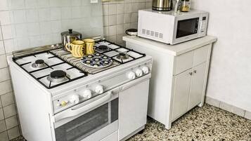 Fridge, microwave, oven, cookware/dishes/utensils