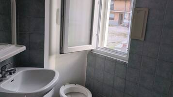 Hair dryer, bidet, towels, soap