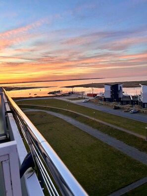 A waterfront property with a grassy area, a paved road, and modern buildings. - Vacation apartment Dünennest with fantastic sea view in Marina Wendtorf (Wendtorf)