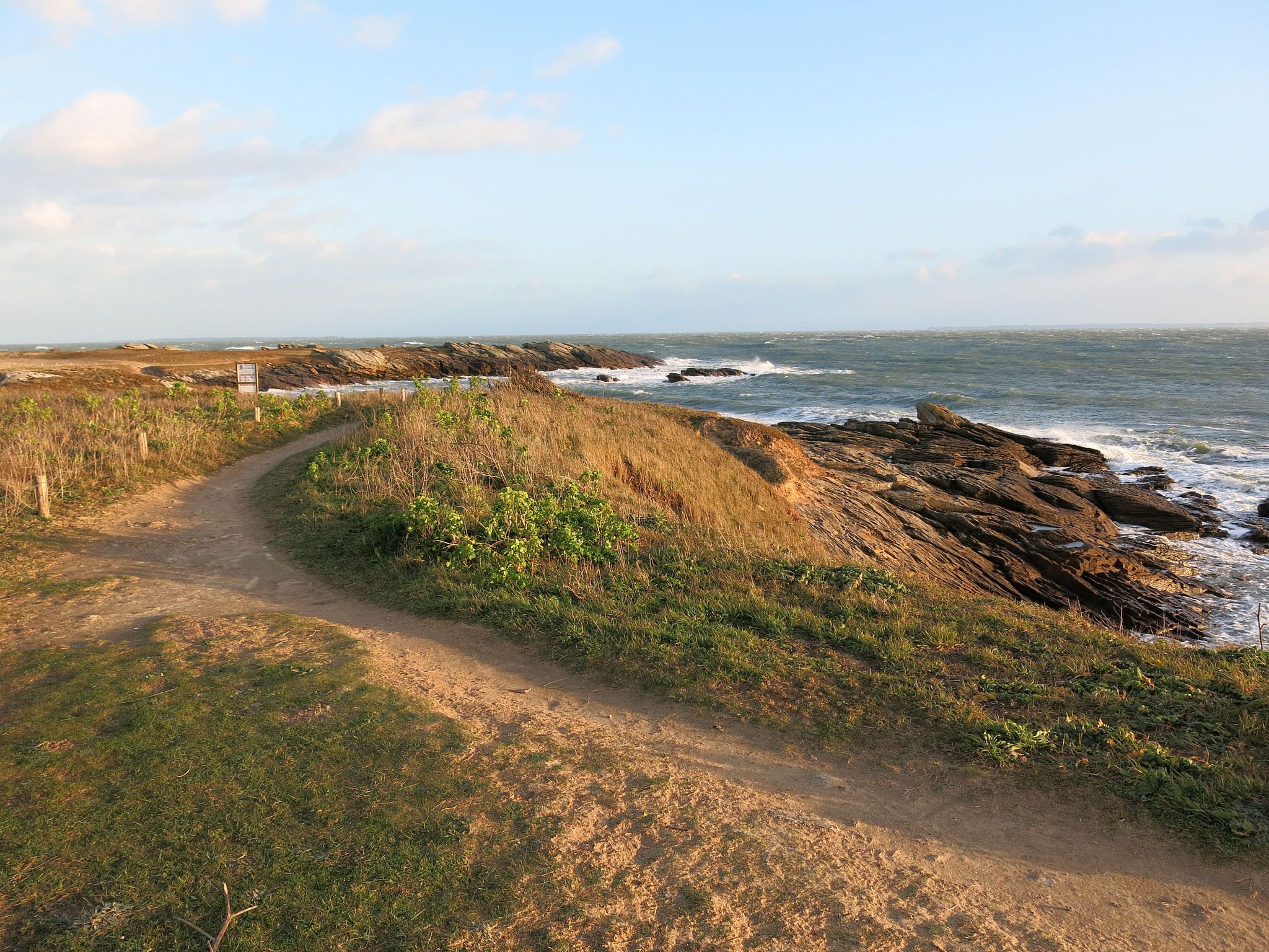 Un sentier côtier, avec un terrain rocheux et de l’herbe, qui mène à la mer.