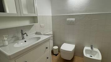 A bathroom with a sink, toilet, bidet, and a mirror.