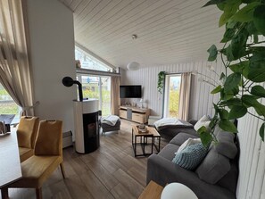 A modern living room with a sofa, a coffee table, a TV, and a fireplace. - Tern 78 (Rechlin)