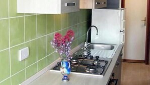 A kitchen with a gas stove, sink, and a vase with flowers. - Villa Calamita apartment 1 (Capoliveri isola d'Elba)