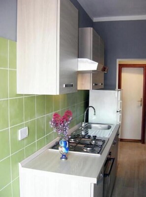 A kitchen with a gas stove, sink, and a vase with flowers. - Villa Calamita apartment 1 (Capoliveri isola d'Elba)