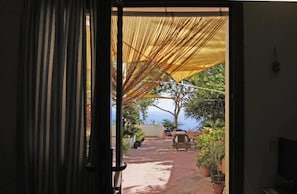 An open doorway leading to a covered outdoor area with a hammock, potted plants, and a view of the ocean.