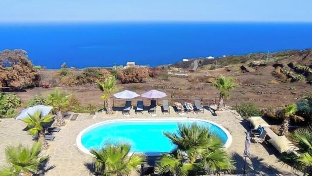 Una piscina con sillones de descanso y sombrillas, rodeada de palmeras y vistas al océano.