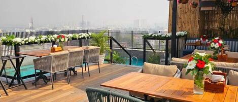 A rooftop bar with wooden tables and chairs, a pool, and a city view.