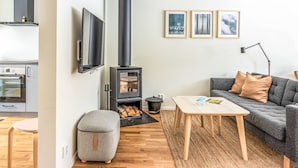 Una sala de estar moderna con chimenea, un sofá, una mesa de centro y una zona de cocina con estufa.