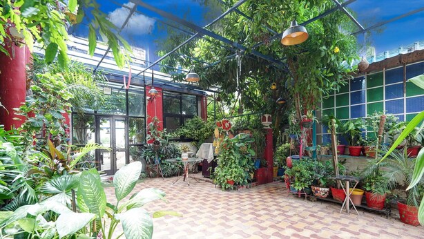 A greenhouse with a checkered floor, potted plants, and hanging lamps. - Premiumjannat Residency (Jodhpur)