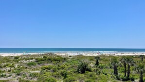 Ein Strand mit wenig Vegetation, einem klaren Himmel und einer entfernten Aussicht auf das Meer.