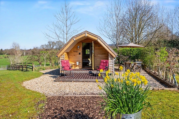 Une cabane en bois avec un toit à deux versants, une véranda avec deux chaises et un jardin parsemé de fleurs jaunes.