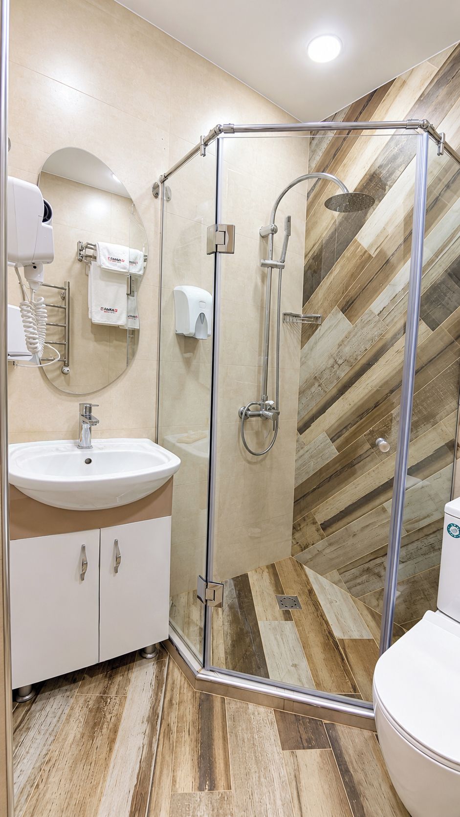 Un baño moderno con ducha envuelta en vidrio, un lavamanos y un inodoro.