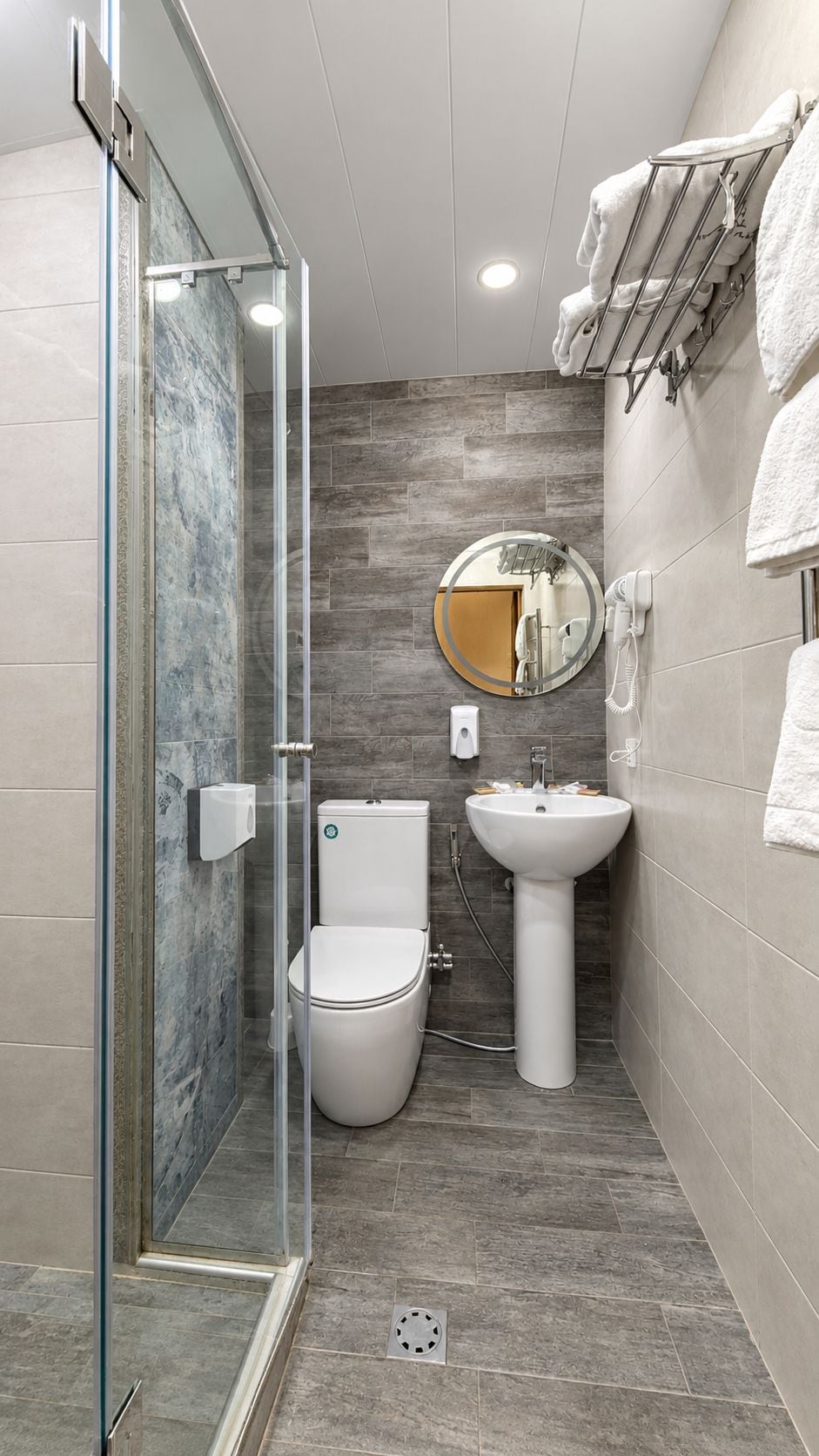 A modern bathroom with a glass shower enclosure, a toilet, a pedestal sink, and a towel rack.