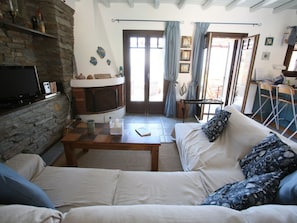 Televisión, chimenea, reproductor de DVD